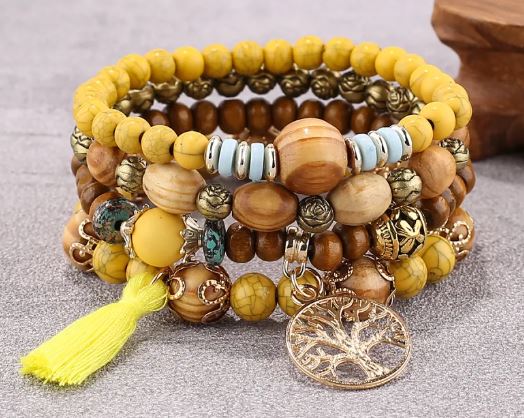 Bohemian Style Triple Bead Tree Of Life Bracelet Yellow
