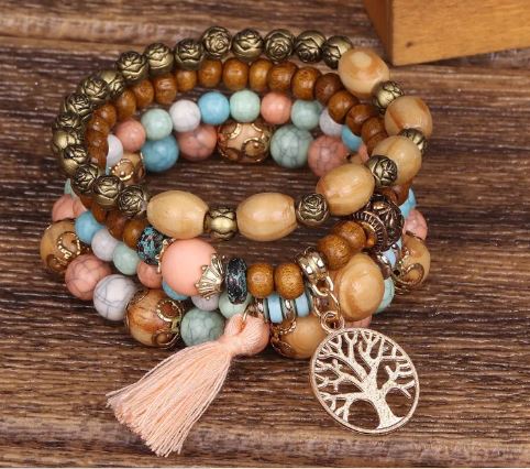 Bohemian Style Triple Bead Tree Of Life Bracelet