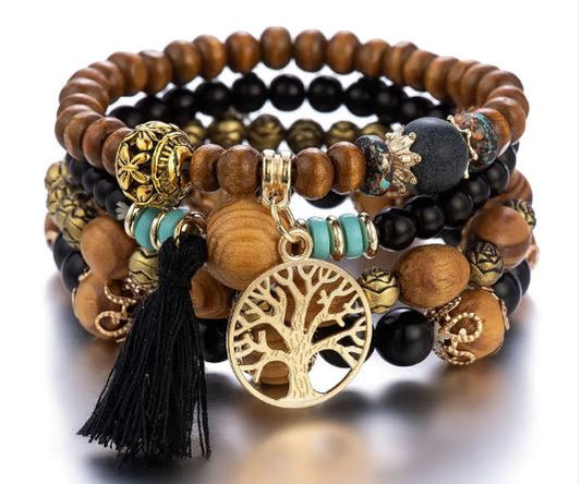 Bohemian Style Triple Bead Tree Of Life Bracelet Black
