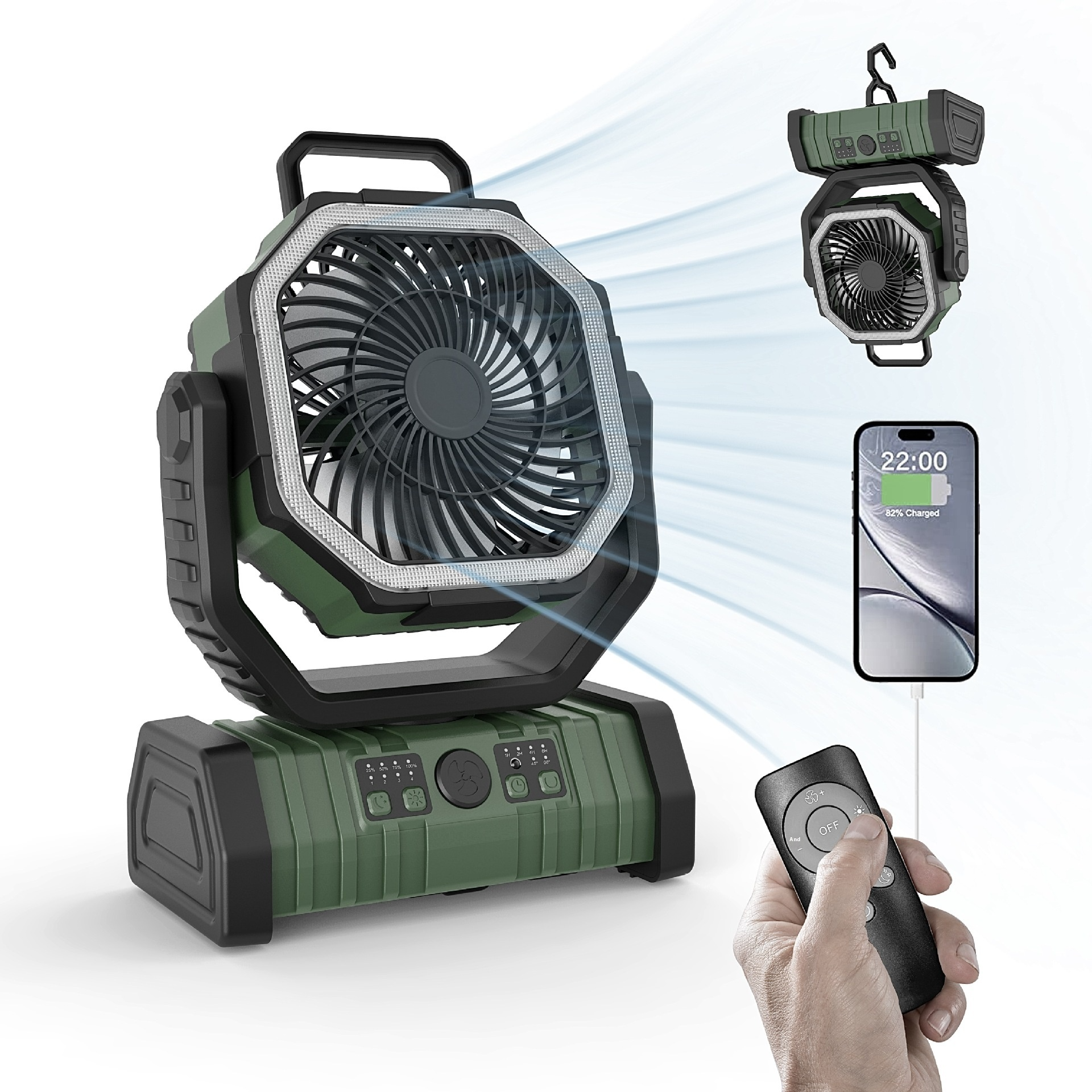 Outdoor Household Power Bank LED Light Camping Fan F6 Army Green 20000 MA