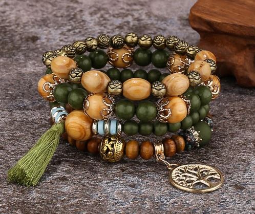 Bohemian Style Triple Bead Tree Of Life Bracelet Army Green