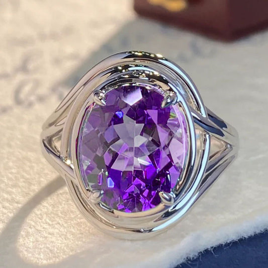 Amethyst Goddess Fashion Ring for Women Purple Diamond Platinum